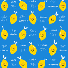 Cute little lemons multi language seamless pattern pink background kids design cutie frutti collection
