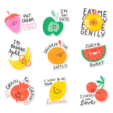 Little fruits and quotes. Happy phrases for stickers poster apple strawberry  peach banana orange watermelon pomegranate lemon cherry Kids illustrations Cutie frutti collection