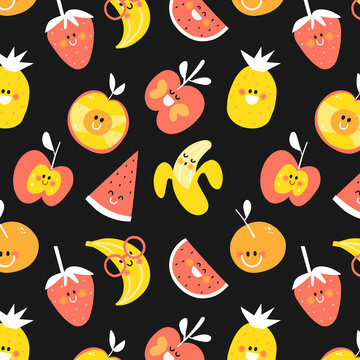 Little fruit happy smiling cute seamless pattern black background kids design cutie frutti collection