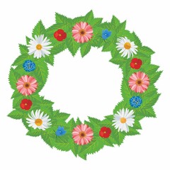 Wreath with summer flowers and birch leafs.  Isolated on white background. Swedish (Sweden) cultural symbol for midsummer, where Swedish people dancing around a midsommarstång. Vector illustration.