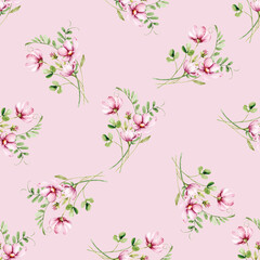 Fototapeta na wymiar Seamless background, floral pattern with watercolor pink flowers. Repeat fabric wallpaper print texture. Perfectly for wrapped paper, backdrop.