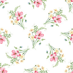 Seamless background, floral pattern with watercolor pink flowers. Repeat fabric wallpaper print texture. Perfectly for wrapped paper, backdrop.