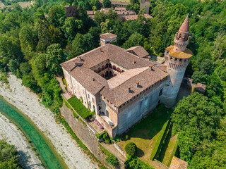 Aerial view of Rivalta castle on the Trebbia river, Piacenza province, Emilia-Romagna, Italy....