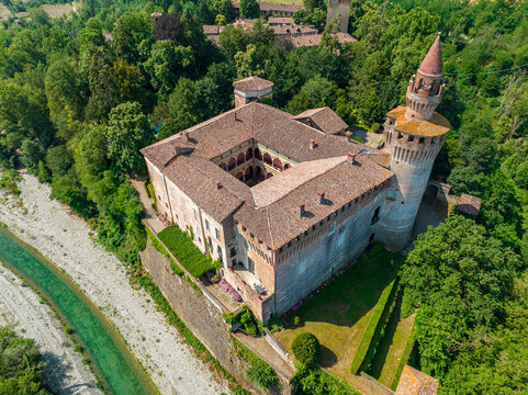 Aerial view of Rivalta castle on the Trebbia river, Piacenza province, Emilia-Romagna, Italy. 06-16-2022
It is an imposing fortified complex with a cylindrical tower