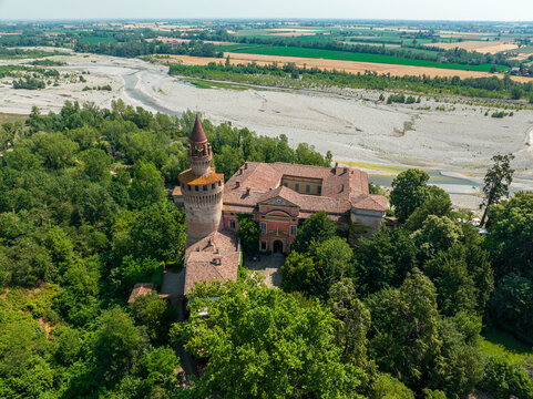 Aerial view of Rivalta castle on the Trebbia river, Piacenza province, Emilia-Romagna, Italy. 06-16-2022
It is an imposing fortified complex with a cylindrical tower