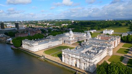 Old Royal Naval College and National Maritime Museum in London Greenwich - aerial view - obrazy, fototapety, plakaty