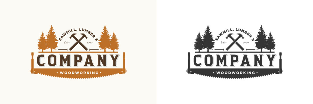 Evergreen pine logo vector design, premium quality carpentry logo woodworking, Woodwork sawmill logo emblem badge, hammer, saw blade, nail metal, trees forest vintage retro