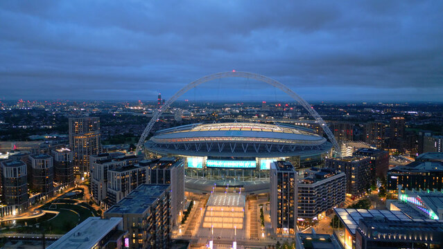 Wembley Stadium in London - aerial view by night - LONDON, UNITED KINGDOM - JUNE 9, 2022