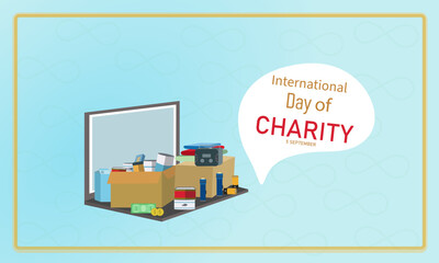 International day of charity design of poster. September 5. vector illustration of Donations in cardboard boxes.
