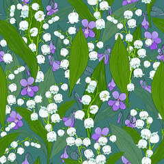 forest lilies of the valley and violets on a dark background