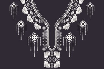 Vector ethnic African neckline pattern flower shape design black and white color background. Elegant tribal art for shirts.