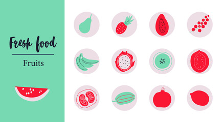 Fresh Food Fruits and berries  icons. Instagram Highlights covers. Cute appetizing Fruits and berries collection icons. Flat Vector.