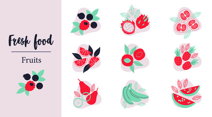 Fresh Food Fruits and berries. Instagram Highlights covers. Cute appetizing Fruits and berries collection icons. Flat Vector.