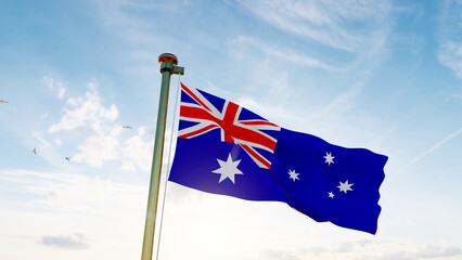 Flag of Australian waving in the wind, sky and sun background. Australia Flag.