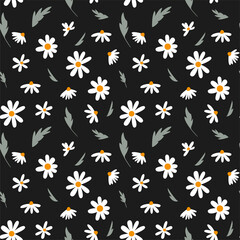 Seamless pattern of decorative flowers and chamomile leaves. Romantic vintage background for textile, fabric, decorative paper on a dark background.