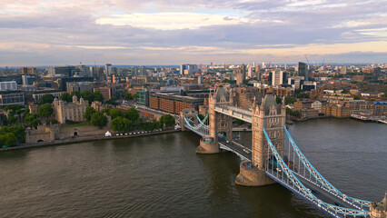 Fototapeta na wymiar Aerial view over Tower Bridge and River Thames in London at sunset