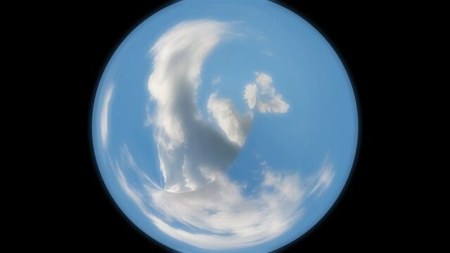 360 degrees of FOV Equirectangular to Rectilinear Panorama. Blue cloudy sky background, time lapse 4k. Beautiful fluffy clouds fast moving.