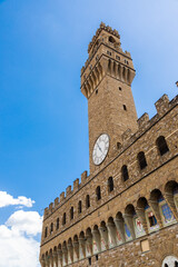 Florence, Italy. The Old Palace tower - named Palazzo Vecchio - with blue sky. Copy space, nobody.