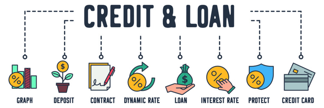 Credit and Loan banner web icon. mortgage graph, deposit, sign contract, dynamic rate, interest rate, loan, protect rate, credit card vector illustration concept.
