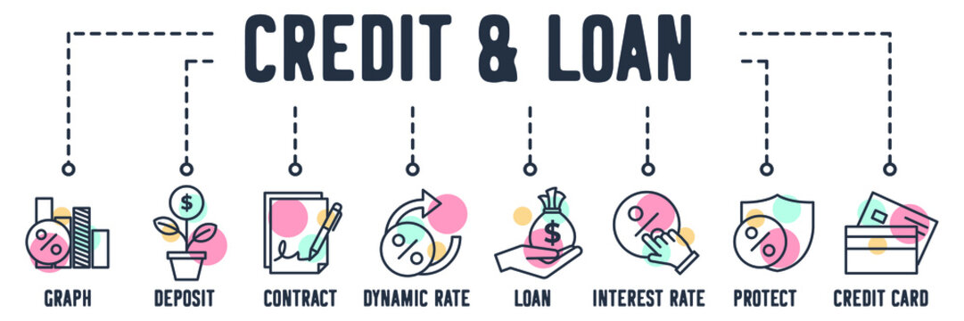 Credit and Loan banner web icon. mortgage graph, deposit, sign contract, dynamic rate, interest rate, loan, protect rate, credit card vector illustration concept.