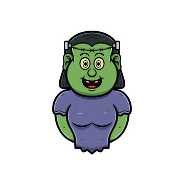Cartoon Mascot Of Cute Frankenstein Girls.