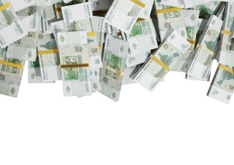 Stack Russian cash or banknotes of Rusia rubles scattered on a white background isolated The concept of Economic, Finance, Background, news, social media and texture of money 3d Rendering 5 Ruble