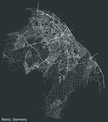 Detailed negative navigation white lines urban street roads map of the German regional capital city of MAINZ, GERMANY on dark gray background