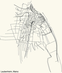 Detailed navigation black lines urban street roads map of the LAUBENHEIM DISTRICT of the German regional capital city of Mainz, Germany on vintage beige background