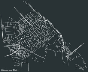 Detailed negative navigation white lines urban street roads map of the WEISENAU DISTRICT of the German regional capital city of Mainz, Germany on dark gray background