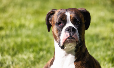 Adorable Boxer Dog relaxing on grass outside. Sunny day