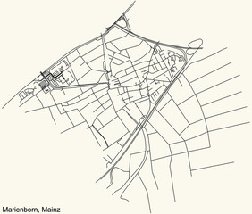 Detailed navigation black lines urban street roads map of the MARIENBORN DISTRICT of the German regional capital city of Mainz, Germany on vintage beige background
