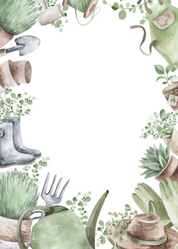 Farm frame illustration. Watercolor illustration of gardening hobby. Planting seedlings, plants. Gardening items.