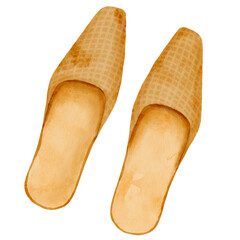 Watercolor summer shoes illustration. Hand drawn straw mules isolated on white. Pair of beach shoes. Woman's trendy footwear sketch