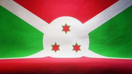 Studio backdrop with draped flag of Burundi for presentation or product display. 3D rendering