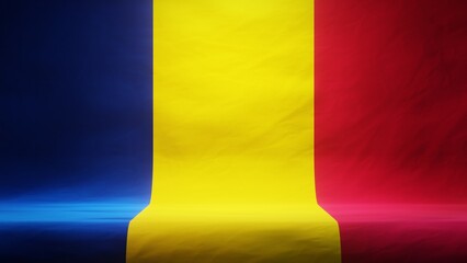 Studio backdrop with draped flag of Chad for presentation or product display. 3D rendering