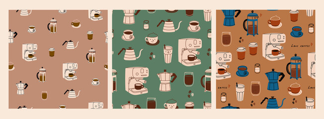 Coffee brewing equipment. Various coffee elements. French press, coffee machine, cups, milk pitcher, moka, kettle. Coffee lovers theme. Hand drawn Vector illustration. Set of three seamless Patterns