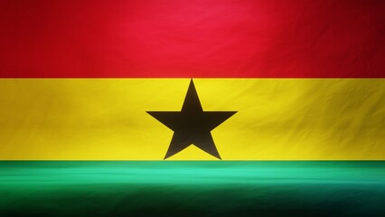 Studio backdrop with draped flag of Ghana for presentation or product display. 3D rendering