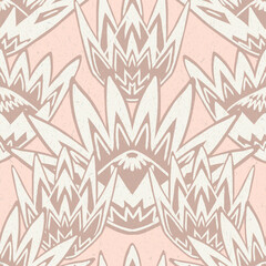 king protea bold floral motif repeating vector pattern in vintage pastel pinks. Subtle handmade paper textures. Boho luxe modern tribal style - obrazy, fototapety, plakaty