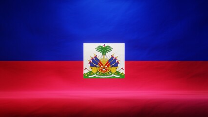 Studio backdrop with draped flag of Haiti for presentation or product display. 3D rendering