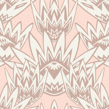 king protea bold floral motif repeating vector pattern in vintage pastel pinks. Subtle handmade paper textures. Boho luxe modern tribal style