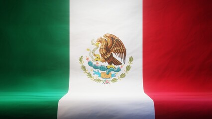 Studio backdrop with draped flag of Mexico for presentation or product display. 3D rendering