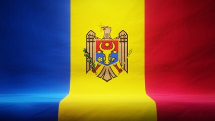 Studio backdrop with draped flag of Moldova for presentation or product display. 3D rendering