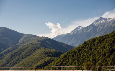 A beautiful panorama of the mountains, a view of the peaks, the freedom and beauty of nature. View of the Caucasus Mountains in Russia