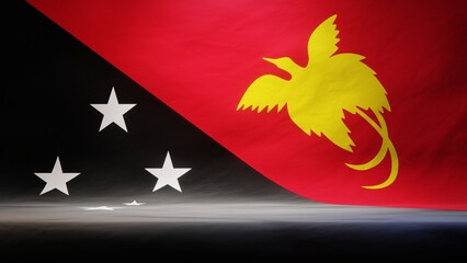 Studio backdrop with draped flag of Papua New Guinea for presentation or product display. 3D rendering