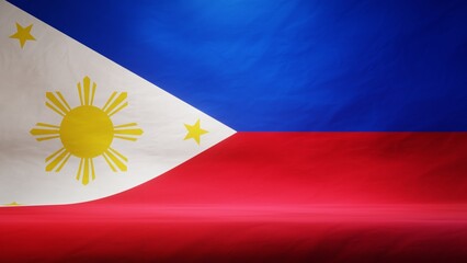 Studio backdrop with draped flag of the Philippines for presentation or product display. 3D rendering