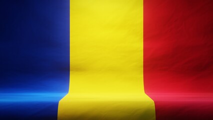 Studio backdrop with draped flag of Romania for presentation or product display. 3D rendering