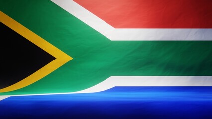 Studio backdrop with draped flag of South Africa for presentation or product display. 3D rendering
