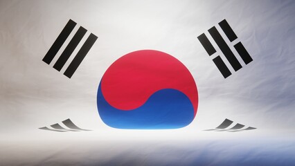 Studio backdrop with draped flag of South Korea for presentation or product display. 3D rendering