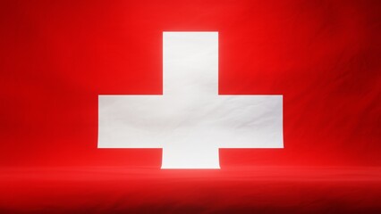 Obraz premium Studio backdrop with draped flag of Switzerland for presentation or product display. 3D rendering