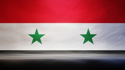 Studio backdrop with draped flag of Syria for presentation or product display. 3D rendering